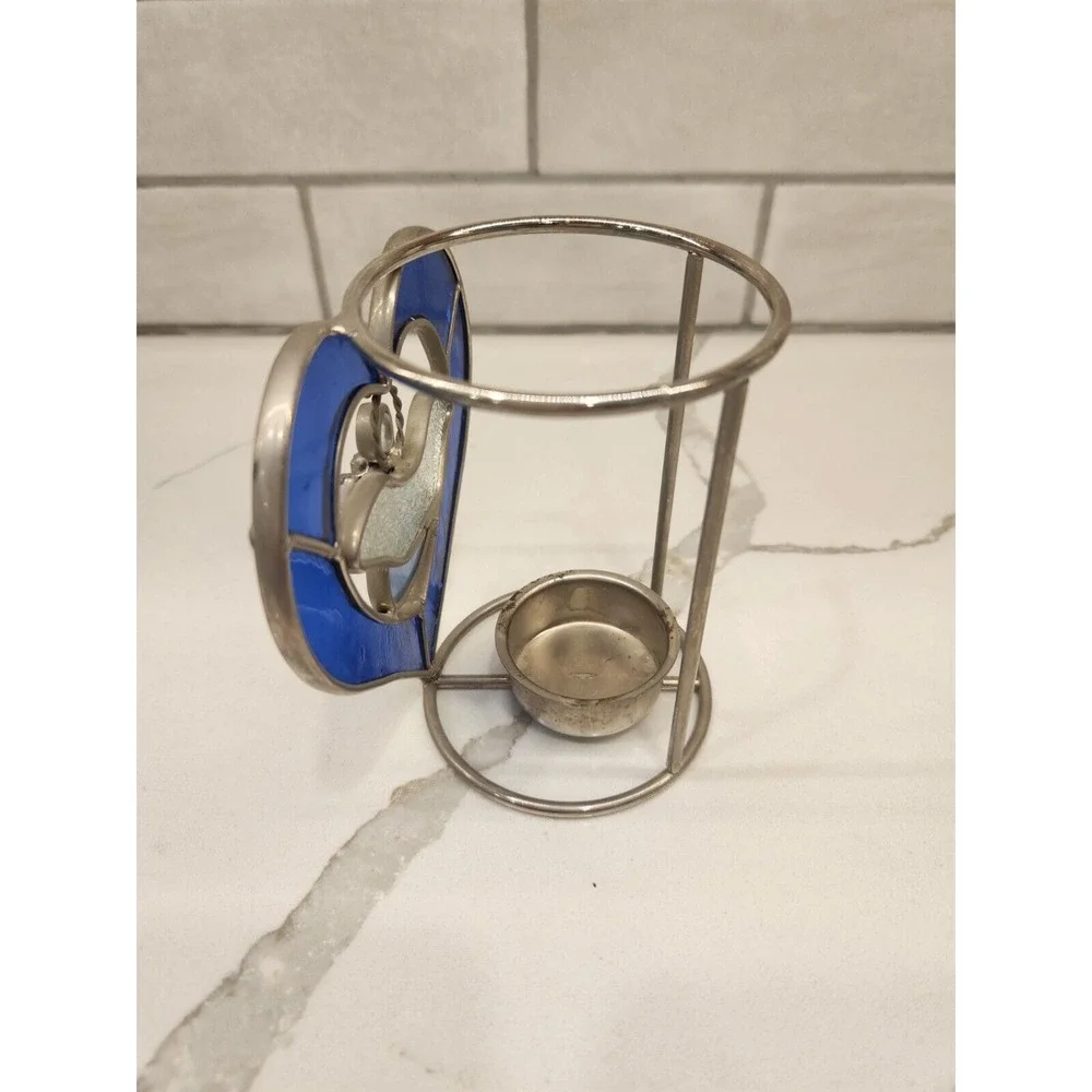 Vintage Stained Glass Tealight Holder Blue Candle Holder Angel Christmas Design‎